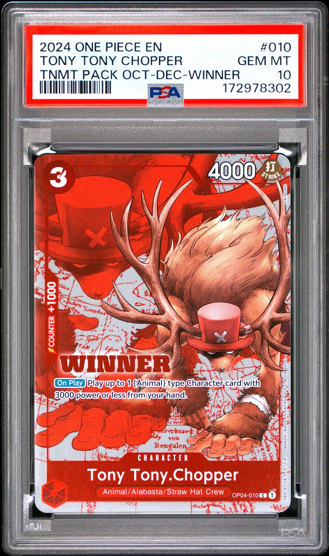 2024 One Piece Tournament Pack October-December Tony Tony Chopper #010 (Tnmt Pack Oct-Dec-Winner) Gem Mt 10 front view - PSA graded GEM MT 10