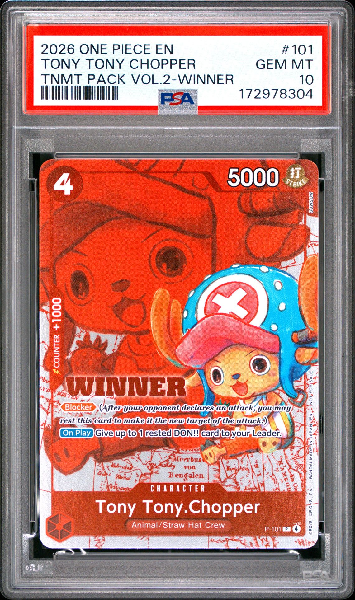 2026 One Piece Tournament Pack Vol.2 Tony Tony Chopper #101 (Tnmt Pack Vol.2-Winner) Gem Mt 10 front