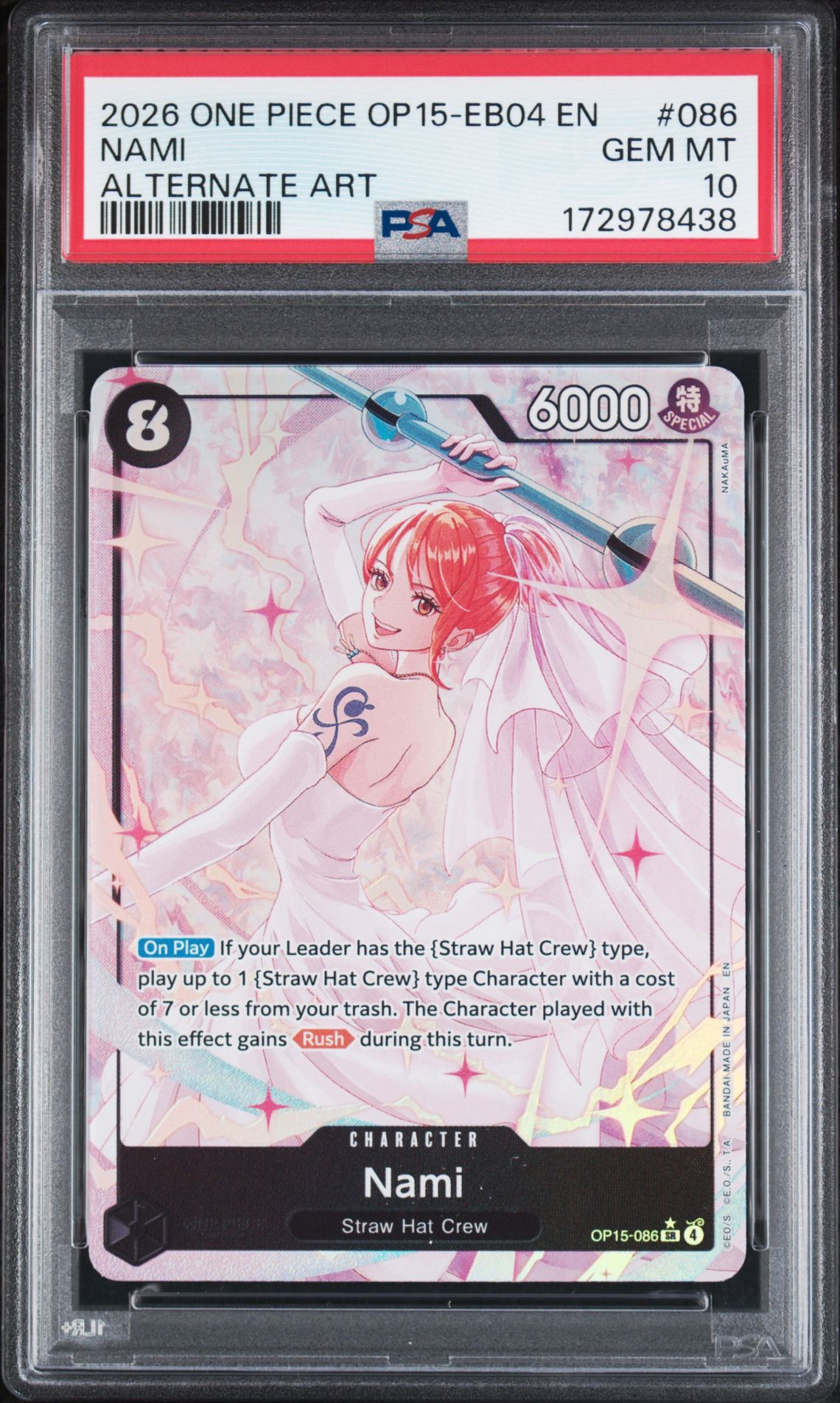 2026 One Piece Op15-Eb04-Adventure On Kami's Island Nami #086 (Alternate Art) Gem Mt 10 front view - PSA graded GEM MT 10