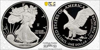 2026-W $1 Silver Eagle w/ Liberty Bell 250 Privy PR70DCAM