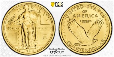 "1916" W (2026) 25C Standing Liberty Au w/ Liberty Bell 250 Privy First Strike SP70