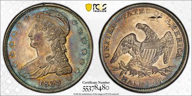 1839 50C Capped Bust AU58+ 