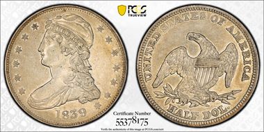 1839 50C Capped Bust AU50