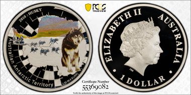 2010-P $1 Husky - Antarctic Territory Colorized PR70DCAM