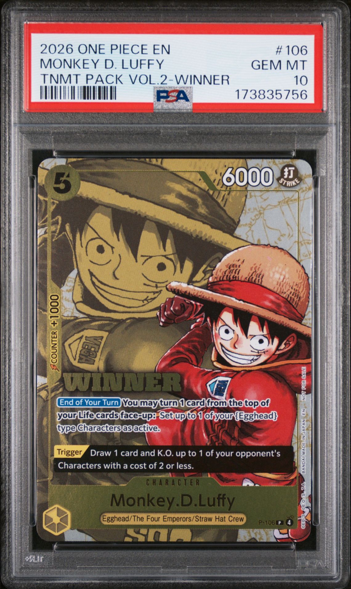 2026 One Piece Tournament Pack Vol.2 Monkey D. Luffy #106 (Tnmt Pack Vol.2-Winner) Gem Mt 10 front view - PSA graded GEM MT 10