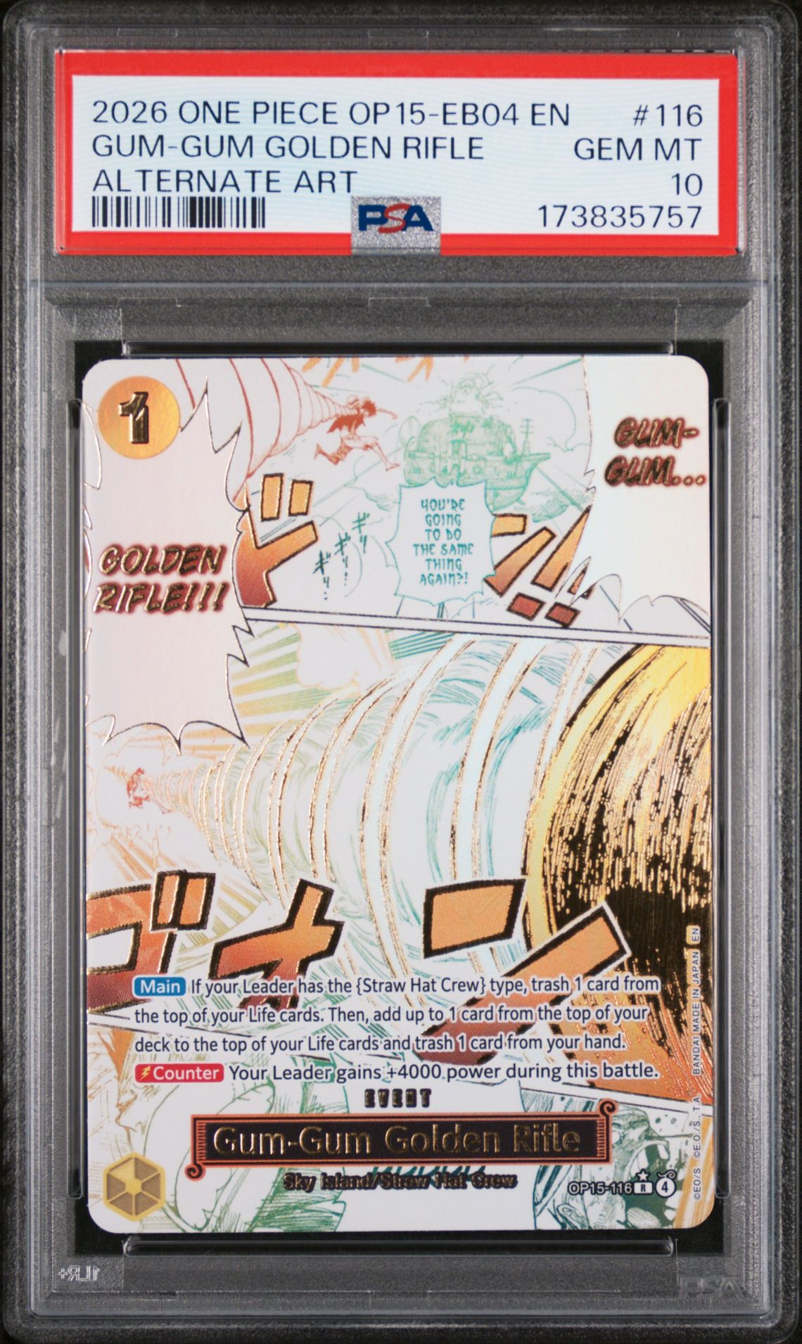 2026 One Piece Op15-Eb04-Adventure On Kami's Island Gum-Gum Golden Rifle #116 (Alternate Art) Gem Mt 10 front view - PSA graded GEM MT 10