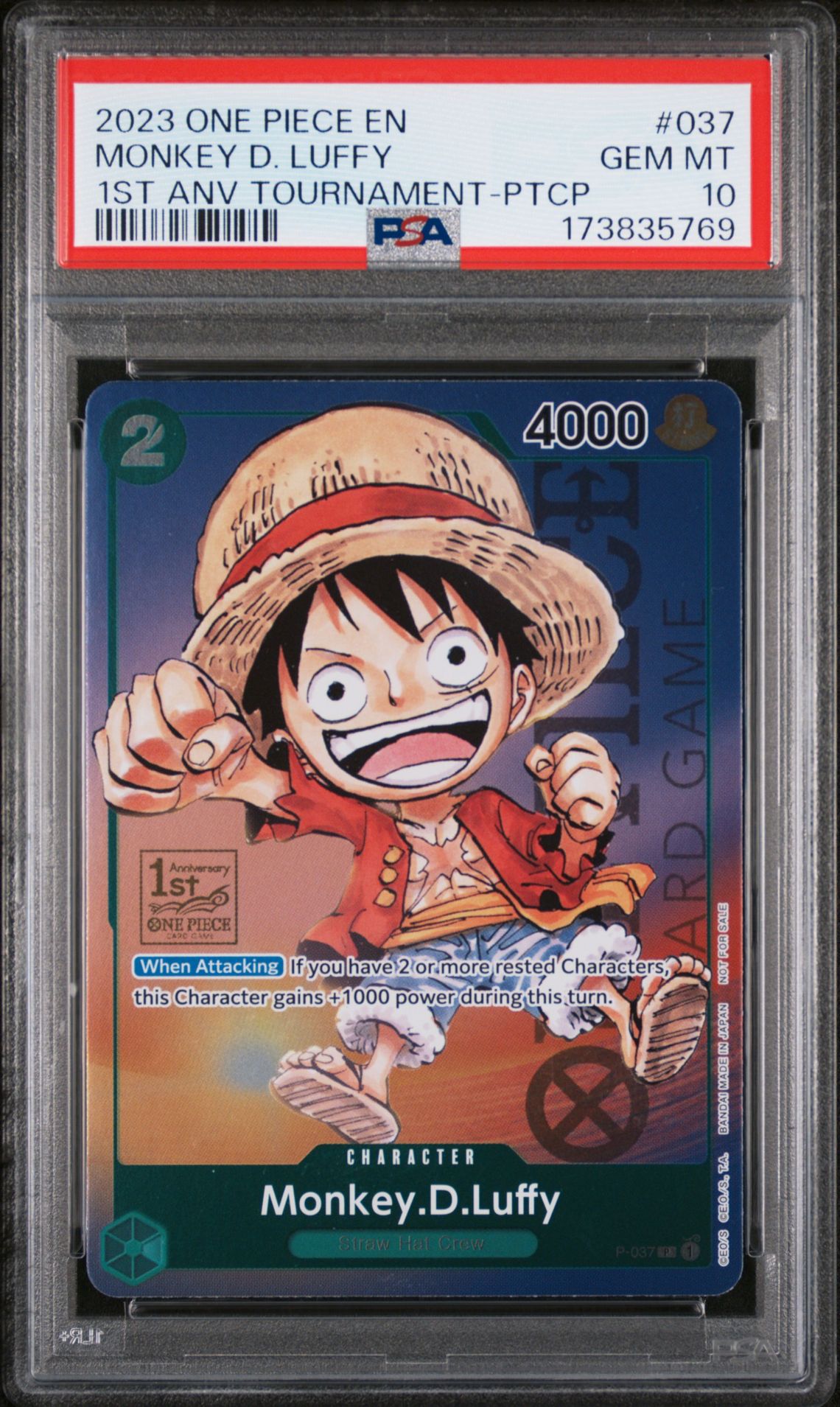2023 ONE PIECE PROMOS MONKEY D. LUFFY 1ST ANV TOURNAMENT-PTCP 037 GEM MT 10 front