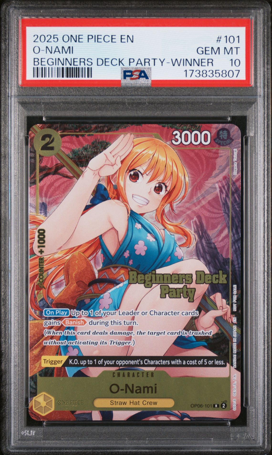 2025 One Piece Beginners Deck Party Pack O-Nami #101 (Beginners Deck Party-Winner) Gem Mt 10 front view - PSA graded GEM MT 10
