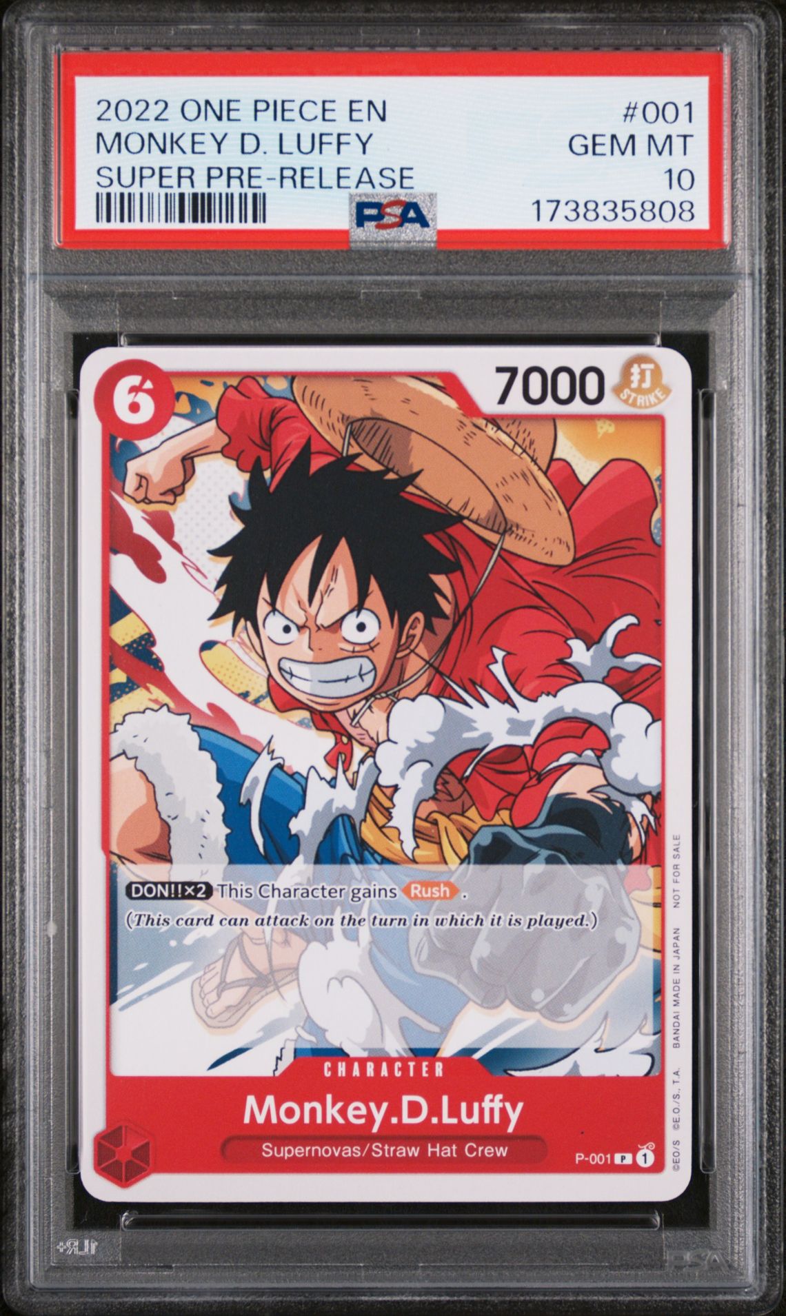 2022 One Piece Promos Monkey D. Luffy #001 (Super Pre-Release) Gem Mt 10 front view - PSA graded GEM MT 10