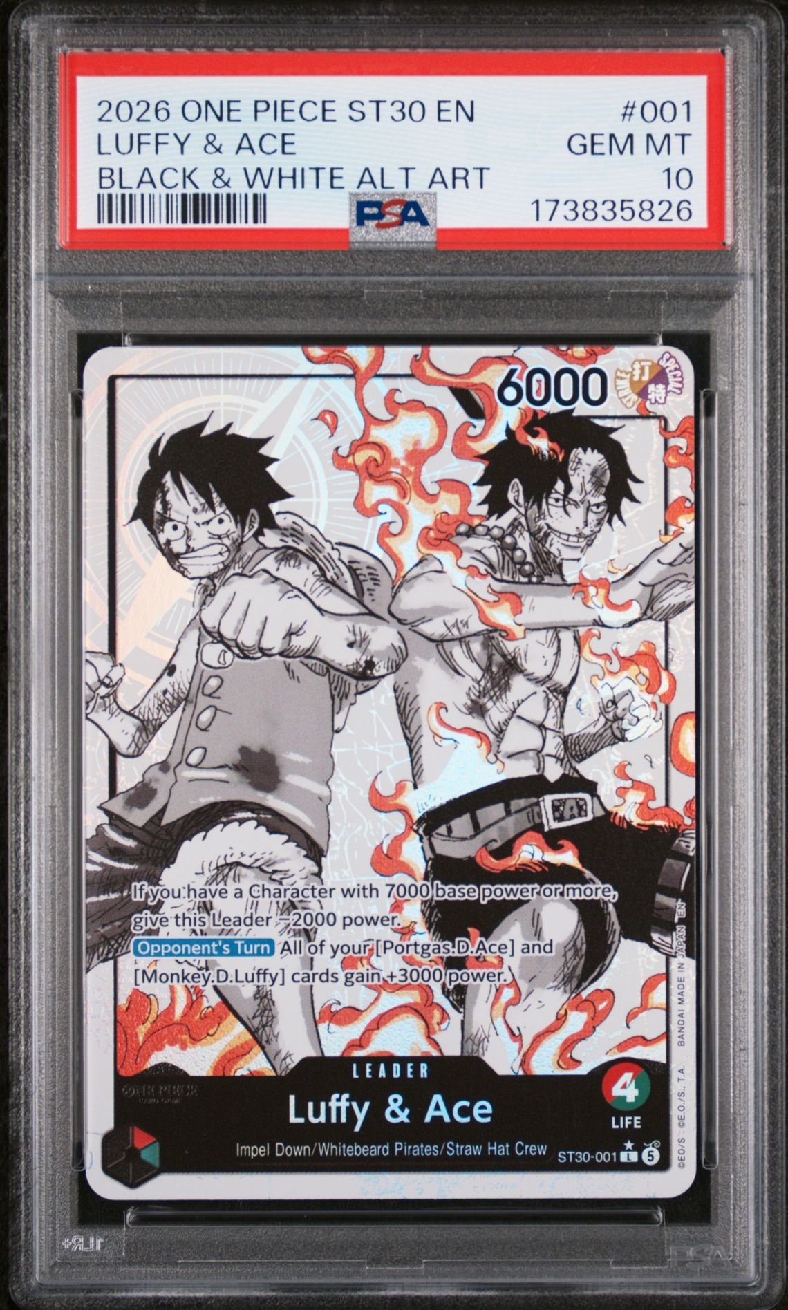 2026 One Piece St30-Starter Deck Ex Luffy & Ace Luffy & Ace #001 (Black & White Alt Art) Gem Mt 10 front view - PSA graded GEM MT 10