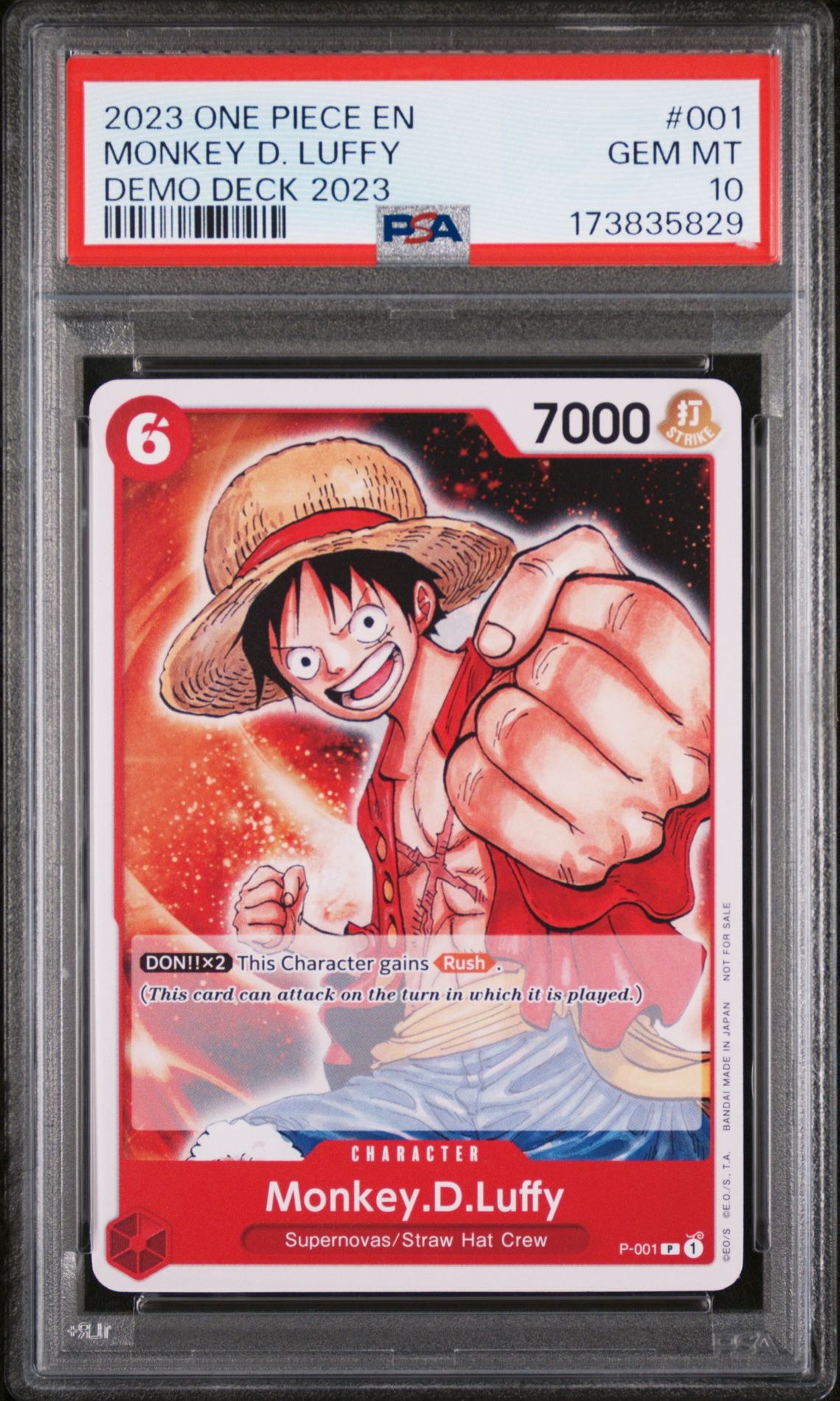 2023 One Piece Demo Deck 2023 Monkey D. Luffy #001 (Demo Deck 2023) Gem Mt 10 front view - PSA graded GEM MT 10
