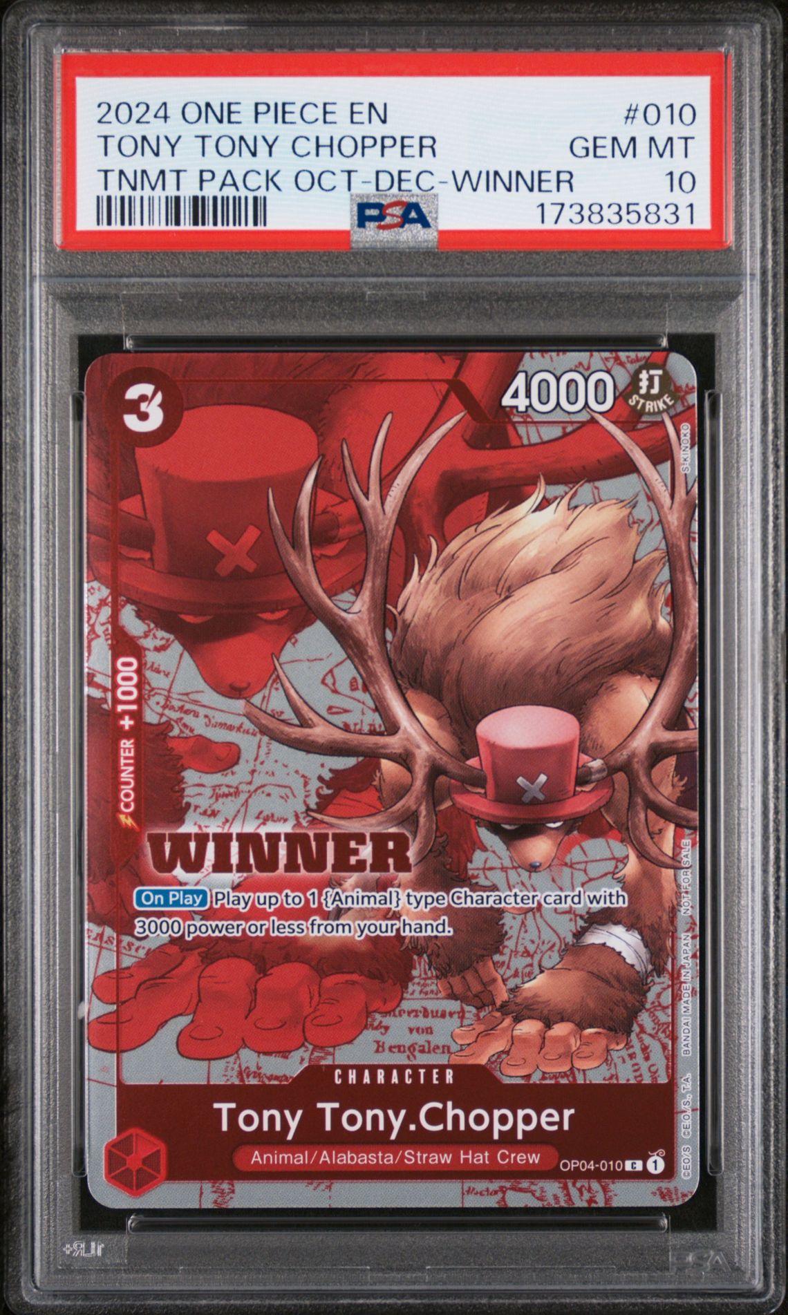 2024 One Piece Tournament Pack October-December Tony Tony Chopper #010 (Tnmt Pack Oct-Dec-Winner) Gem Mt 10 front view - PSA graded GEM MT 10