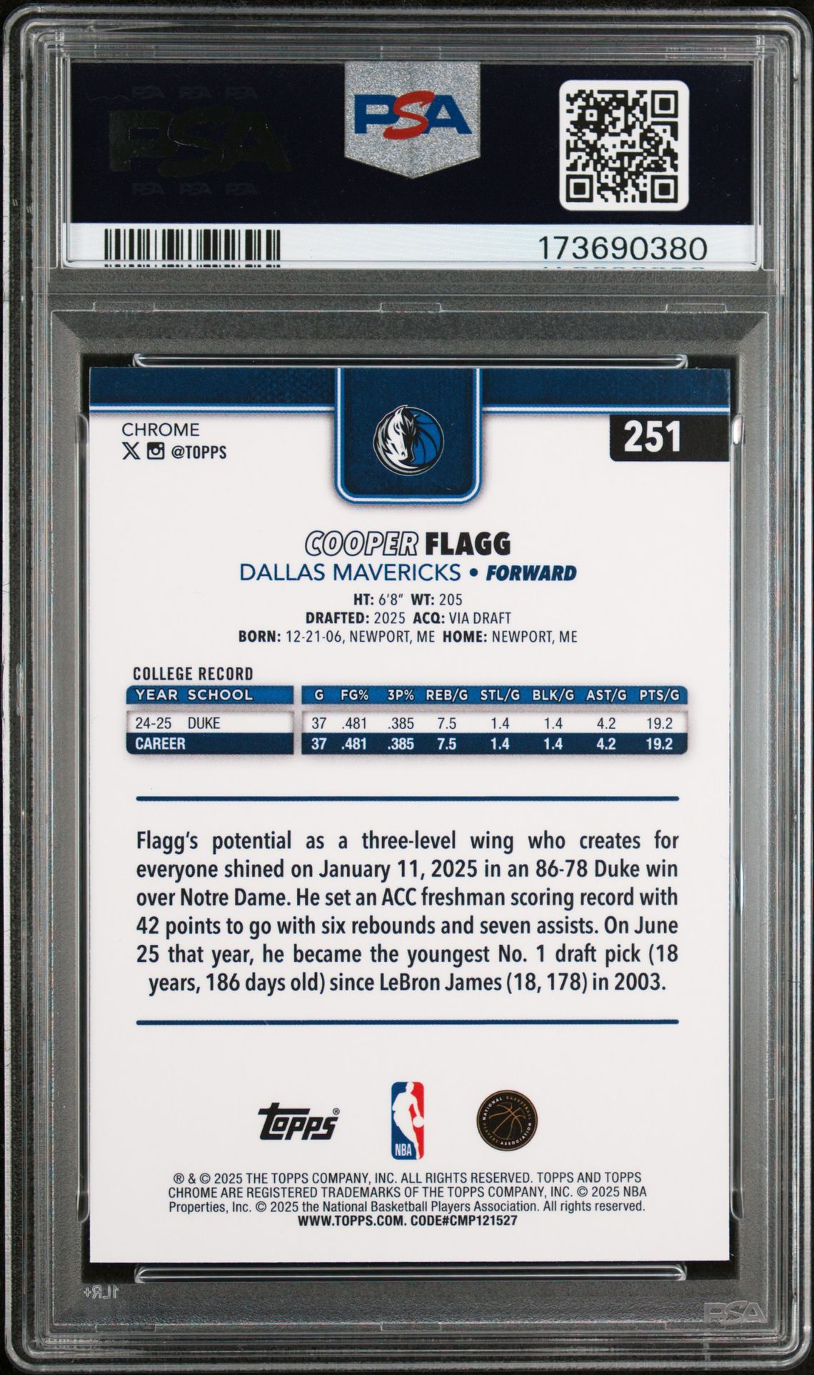 2025 Topps Chrome Cooper Flagg #251 (Wave) Gem Mt 10 back view - PSA certificate #173690380