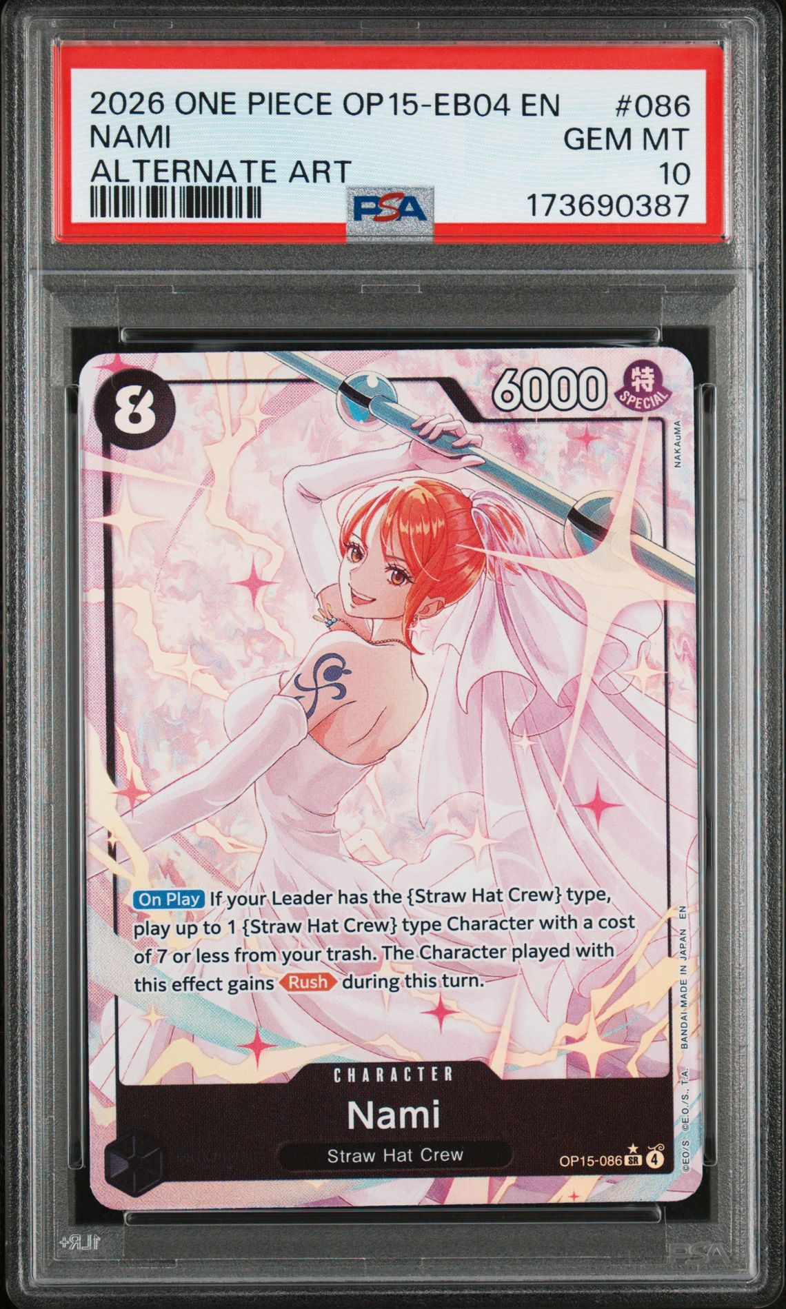2026 One Piece Op15-Eb04-Adventure On Kami's Island Nami #086 (Alternate Art) Gem Mt 10 front