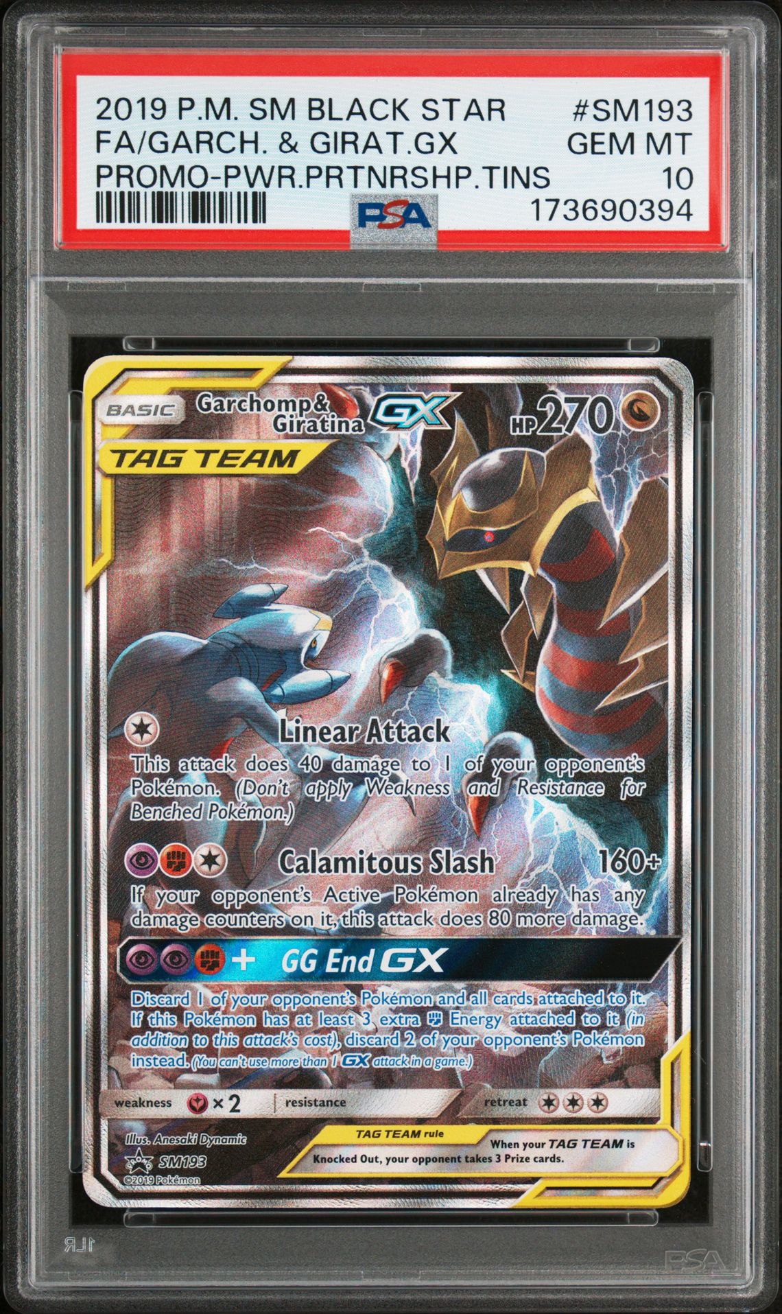 2019 Pokemon Sun & Moon Black Star Promos Fa/Garch. & Girat.gx #Sm193 (Promo-Pwr.prtnrshp.tins) Gem Mt 10 front view - PSA graded GEM MT 10