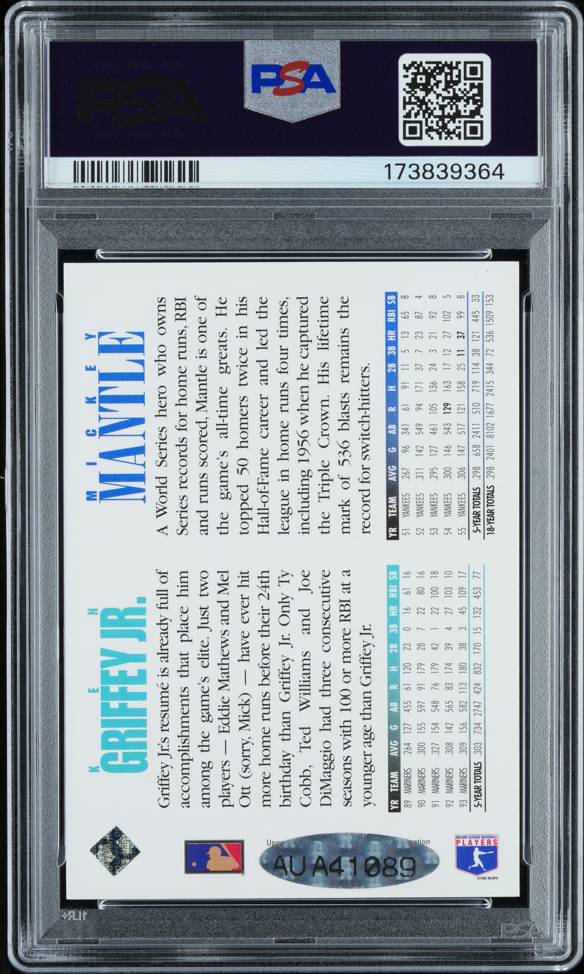 1994 Upper Deck Ken Griffey Jr. (Griffey Jr. Auto.) Nm 7 back view - PSA certificate #173839364