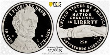 2026-S 25C Gettysburg Address Ag PR70DCAM