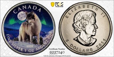 2011 $5 Timber Wolf Colorized MS63