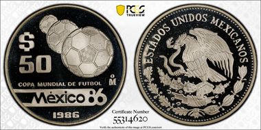 1986-Mo 50 Peso World Cup - 3 Balls KM-523 Ag PR69DCAM