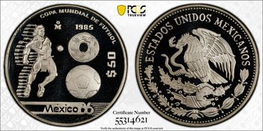1985-Mo 50 Peso '86 World Cup - Aztec Player KM-504 Ag PR69DCAM