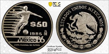 1985-Mo 50 Peso '86 World Cup - Modern Player KM-515 Ag PR69DCAM