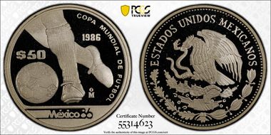 1986-Mo 50 Peso World Cup - Kicking Ball KM-498a Ag PR69DCAM
