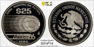 1985-Mo 25 Peso '86 World Cup - Moving Ball KM-514 Ag PR68DCAM