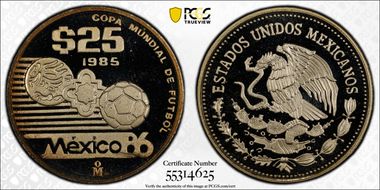 1985-Mo 25 Peso '86 World Cup - Ojo de Buey KM-503 Ag PR69DCAM
