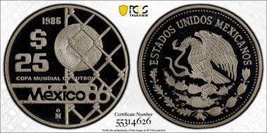 1986-Mo 25 Peso World Cup - Ball in Net KM-519 Ag PR68DCAM