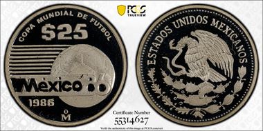 1986-Mo 25 Peso World Cup KM-497a Ag PR68DCAM