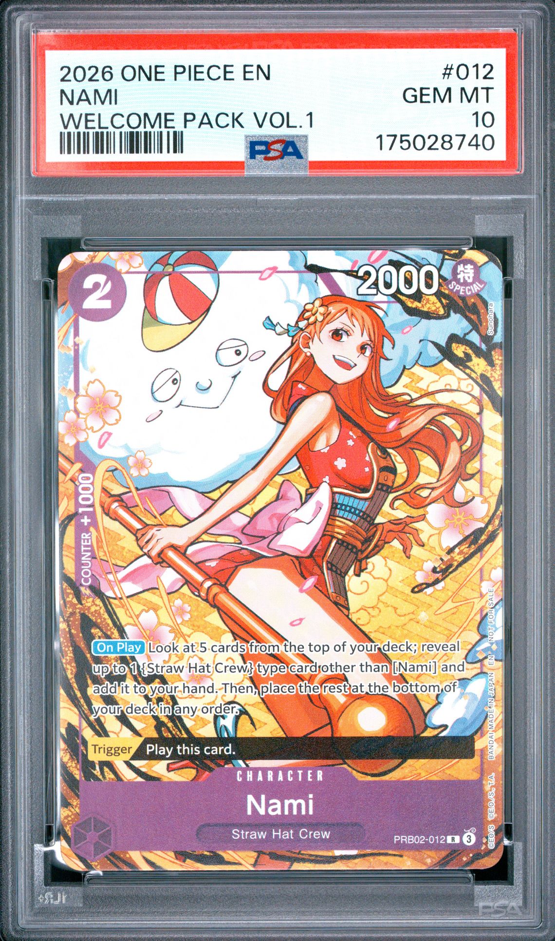 2026 One Piece Welcome Pack Vol.1 Nami #012 Gem Mt 10 front view - PSA graded GEM MT 10