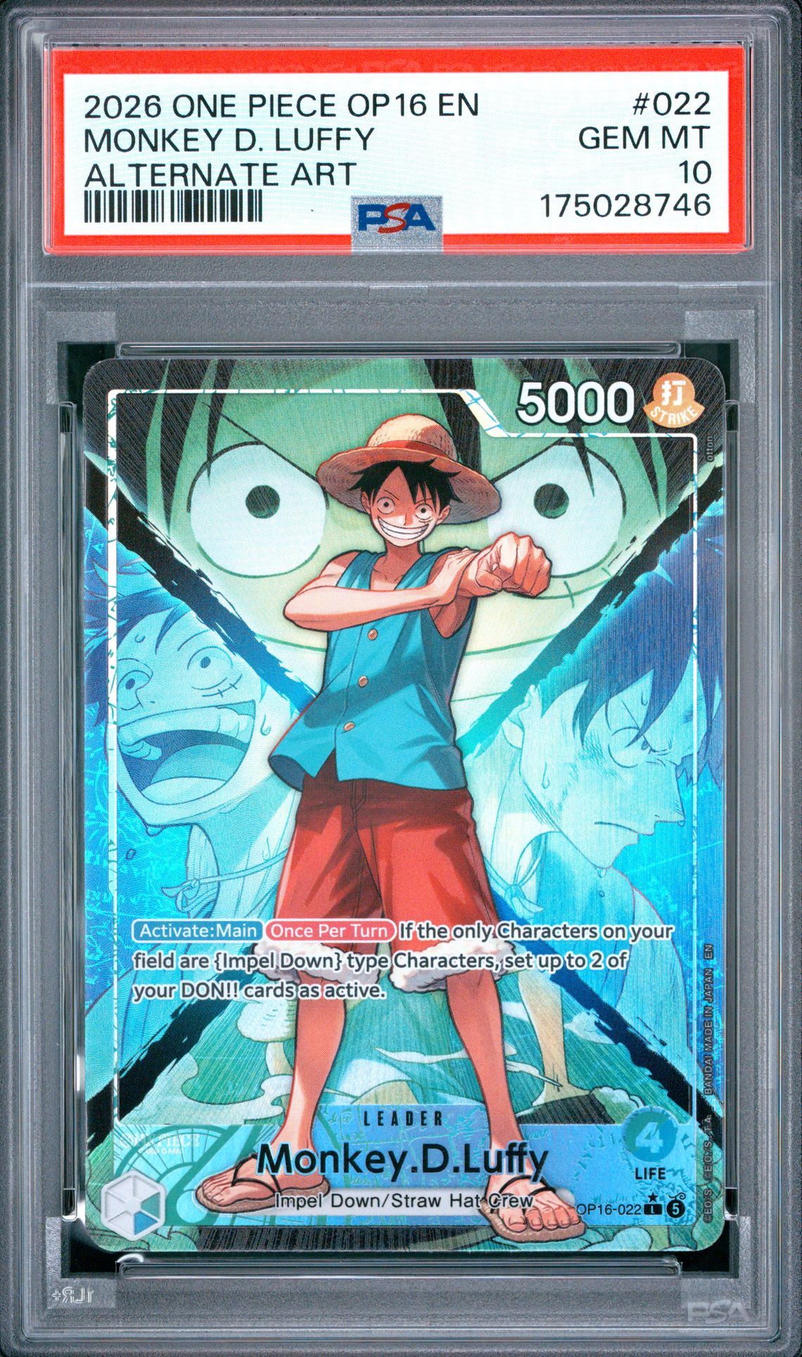 2026 One Piece Op16-The Time Of Battle Monkey D. Luffy #022 (Alternate Art) Gem Mt 10 front view - PSA graded GEM MT 10