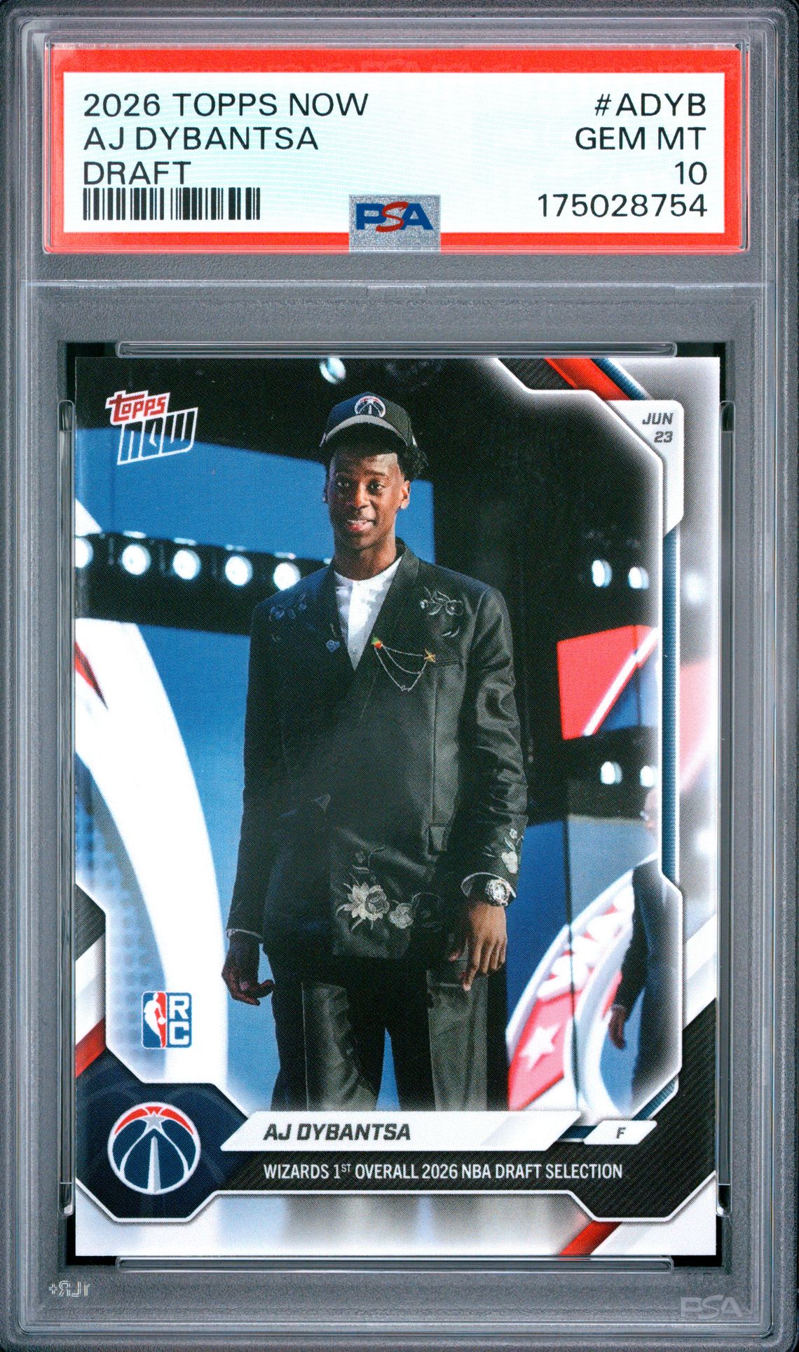 2026 Topps Now Draft Aj Dybantsa #Adyb Gem Mt 10 front view - PSA graded GEM MT 10