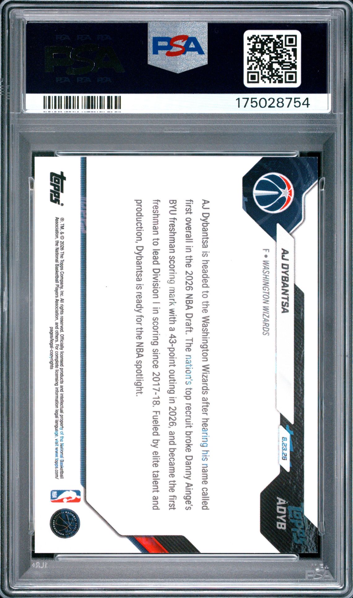 2026 Topps Now Draft Aj Dybantsa #Adyb Gem Mt 10 back view - PSA certificate #175028754