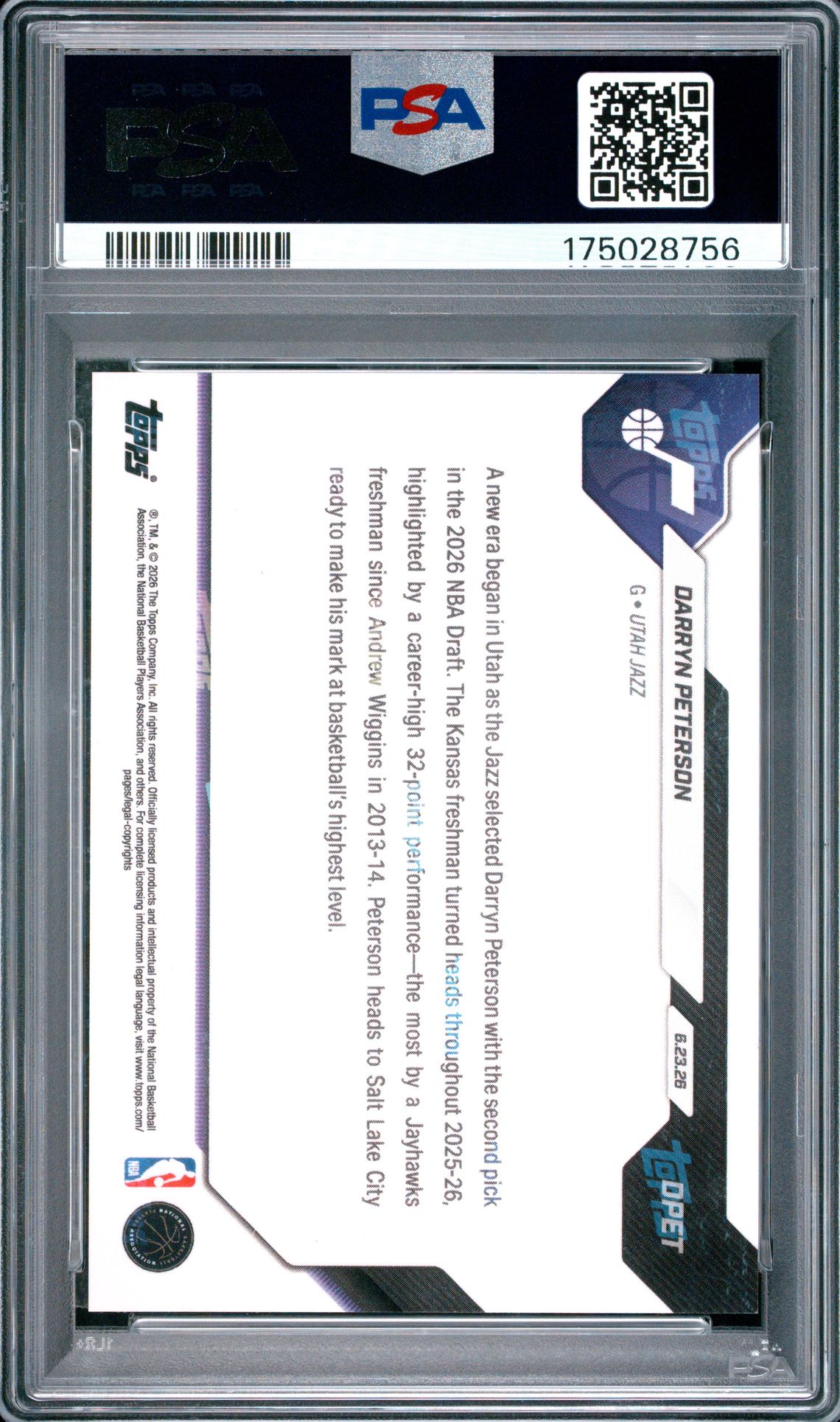 2026 Topps Now Draft Darryn Peterson #Dpet Gem Mt 10 back view - PSA certificate #175028756