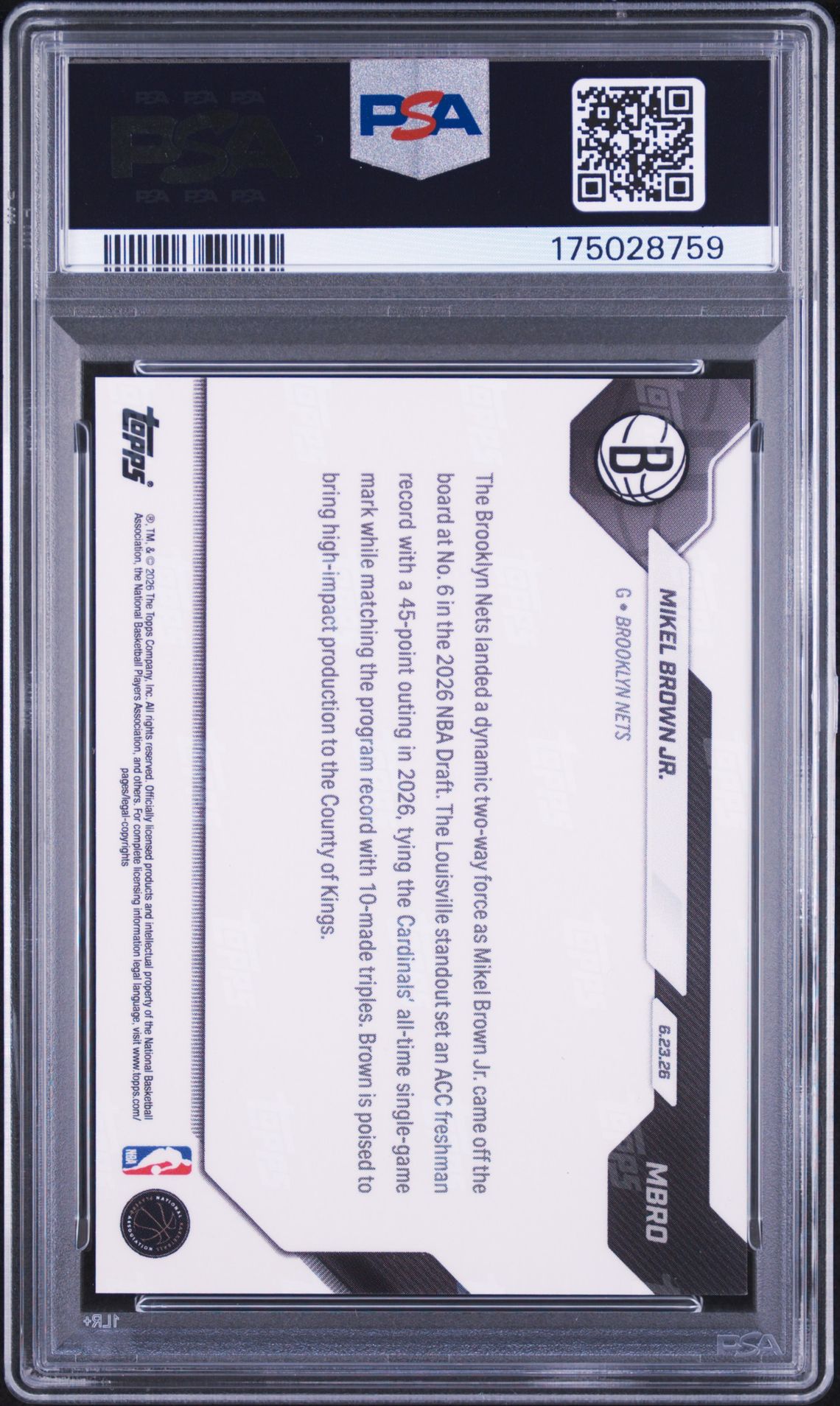 2026 Topps Now Draft Mikel Brown Jr. #Mbro Mint 9 back