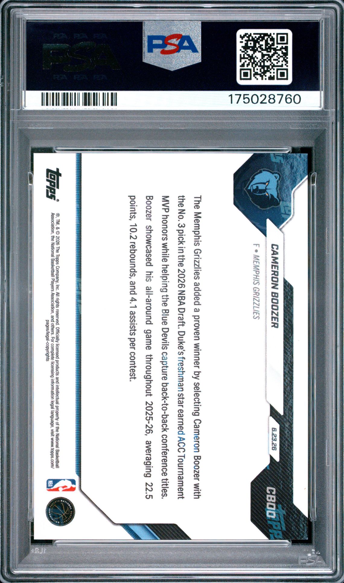 2026 Topps Now Draft Cameron Boozer #Cboo Gem Mt 10 back view - PSA certificate #175028760