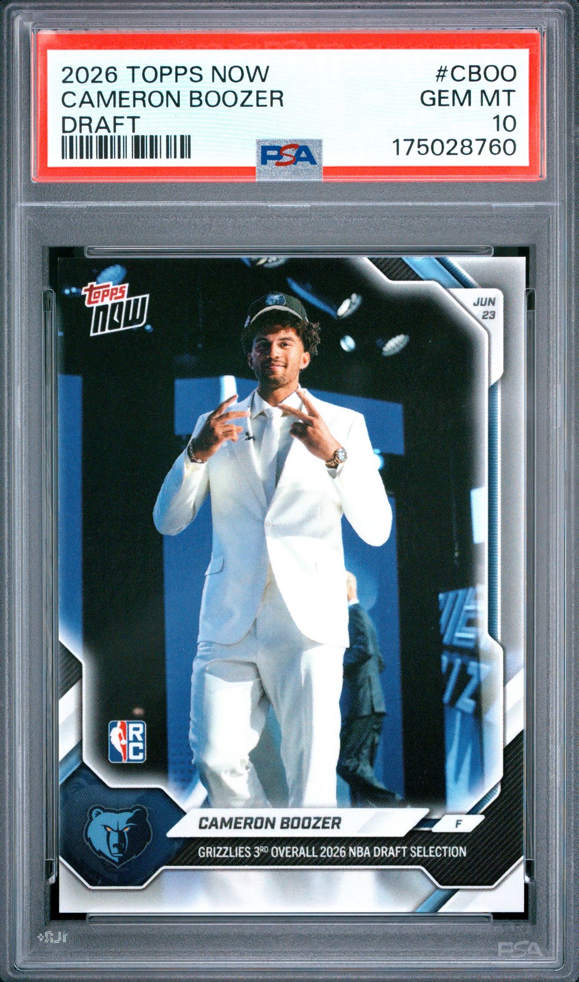 2026 Topps Now Draft Cameron Boozer #Cboo Gem Mt 10 front view - PSA graded GEM MT 10