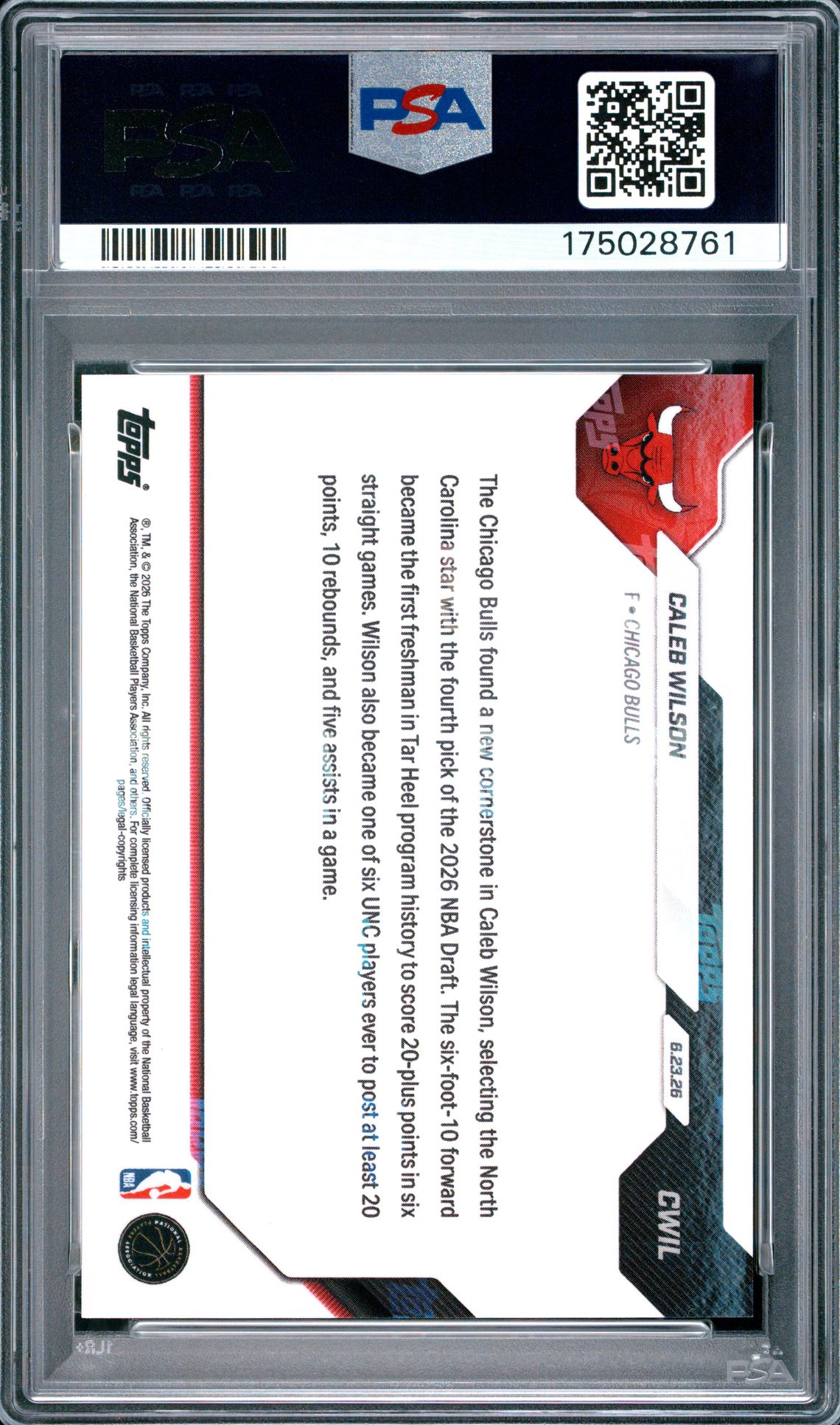 2026 Topps Now Draft Caleb Wilson #Cwil Gem Mt 10 back view - PSA certificate #175028761
