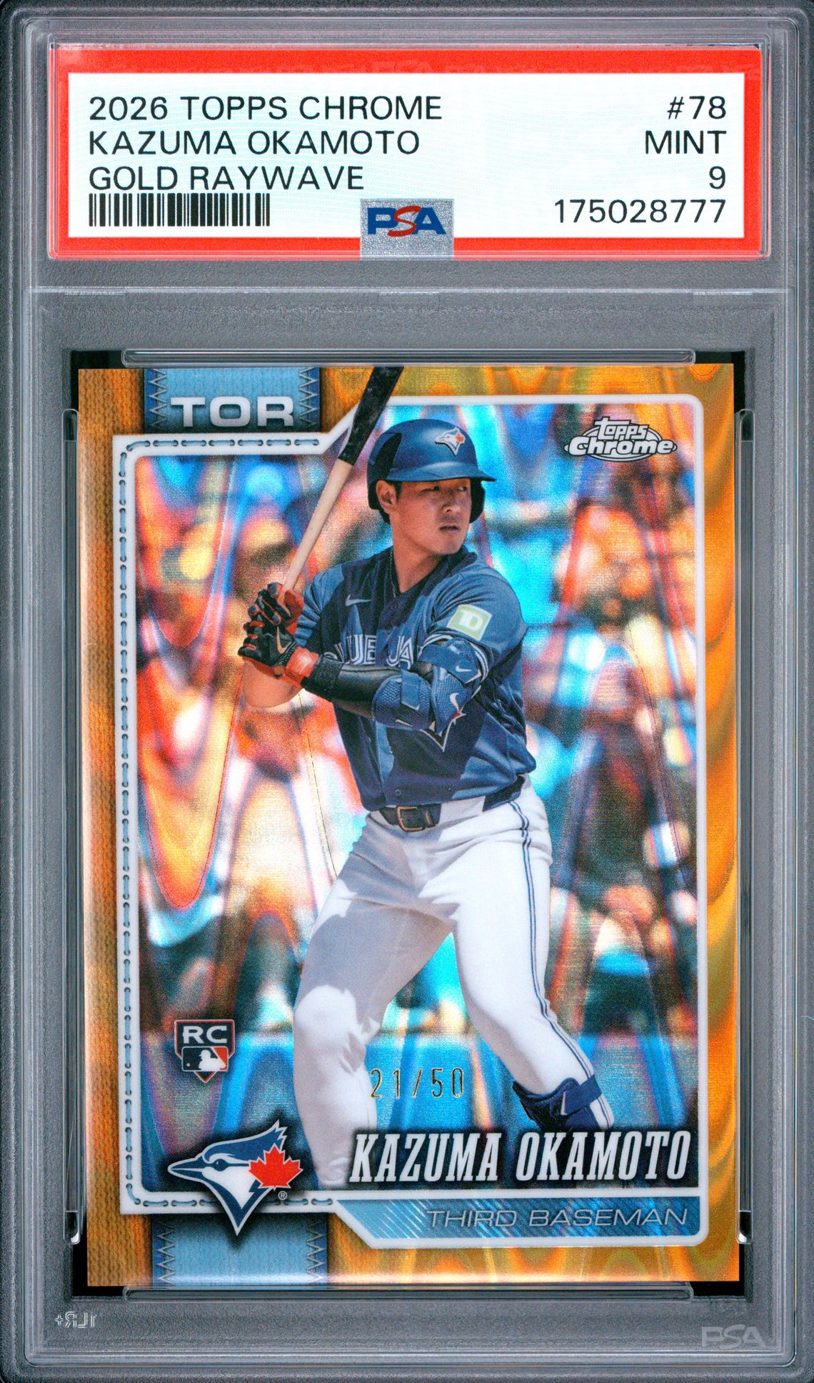 2026 Topps Chrome Kazuma Okamoto #78 (Gold Raywave) Mint 9 front