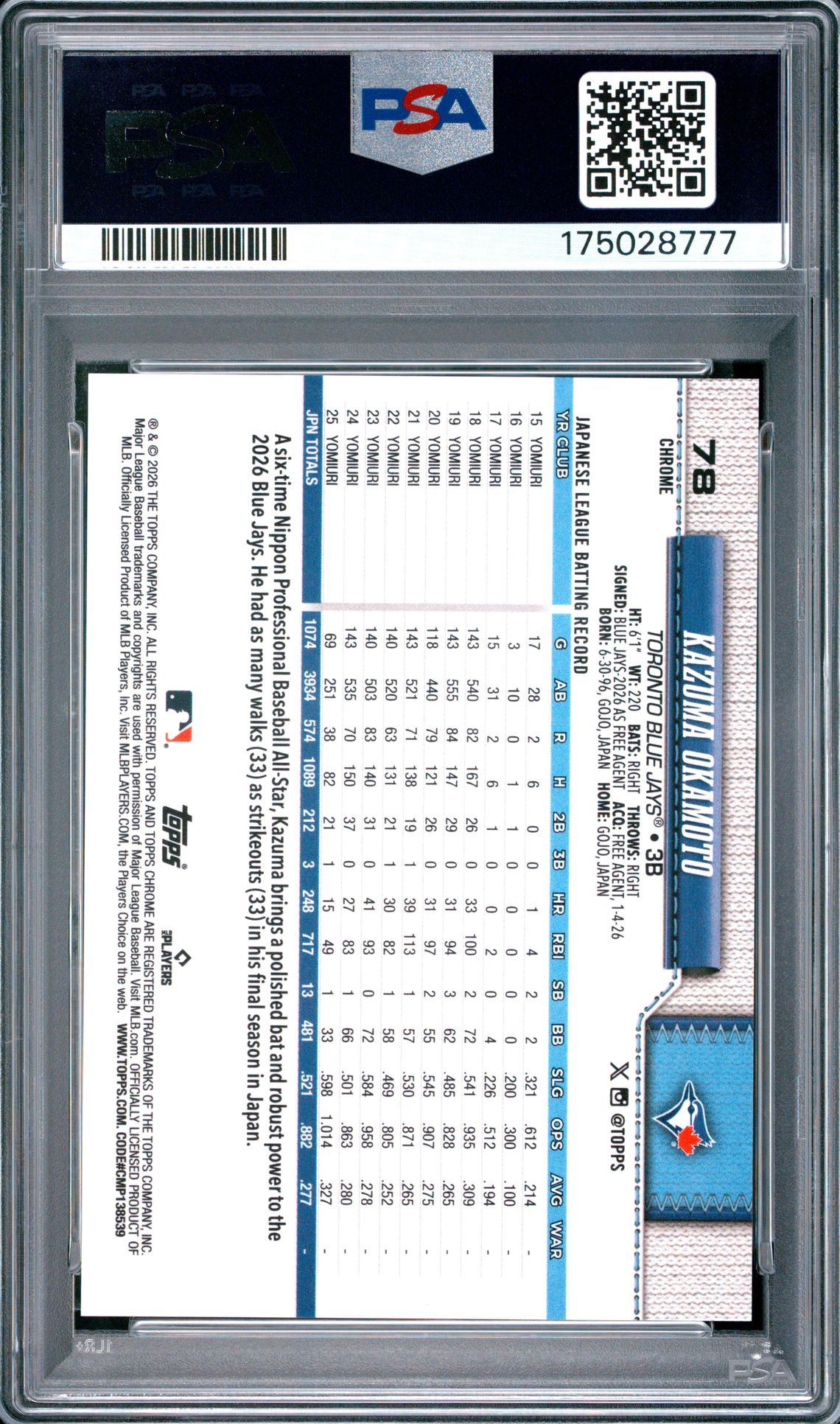 2026 Topps Chrome Kazuma Okamoto #78 (Gold Raywave) Mint 9 back
