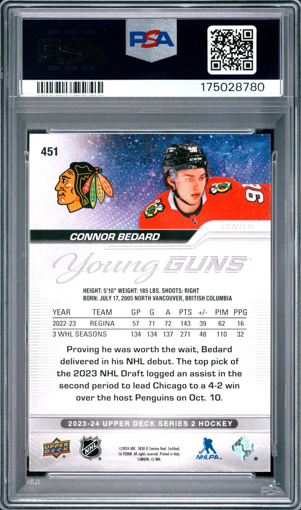 2023 Upper Deck Connor Bedard #451 Gem Mt 10 back view - PSA certificate #175028780