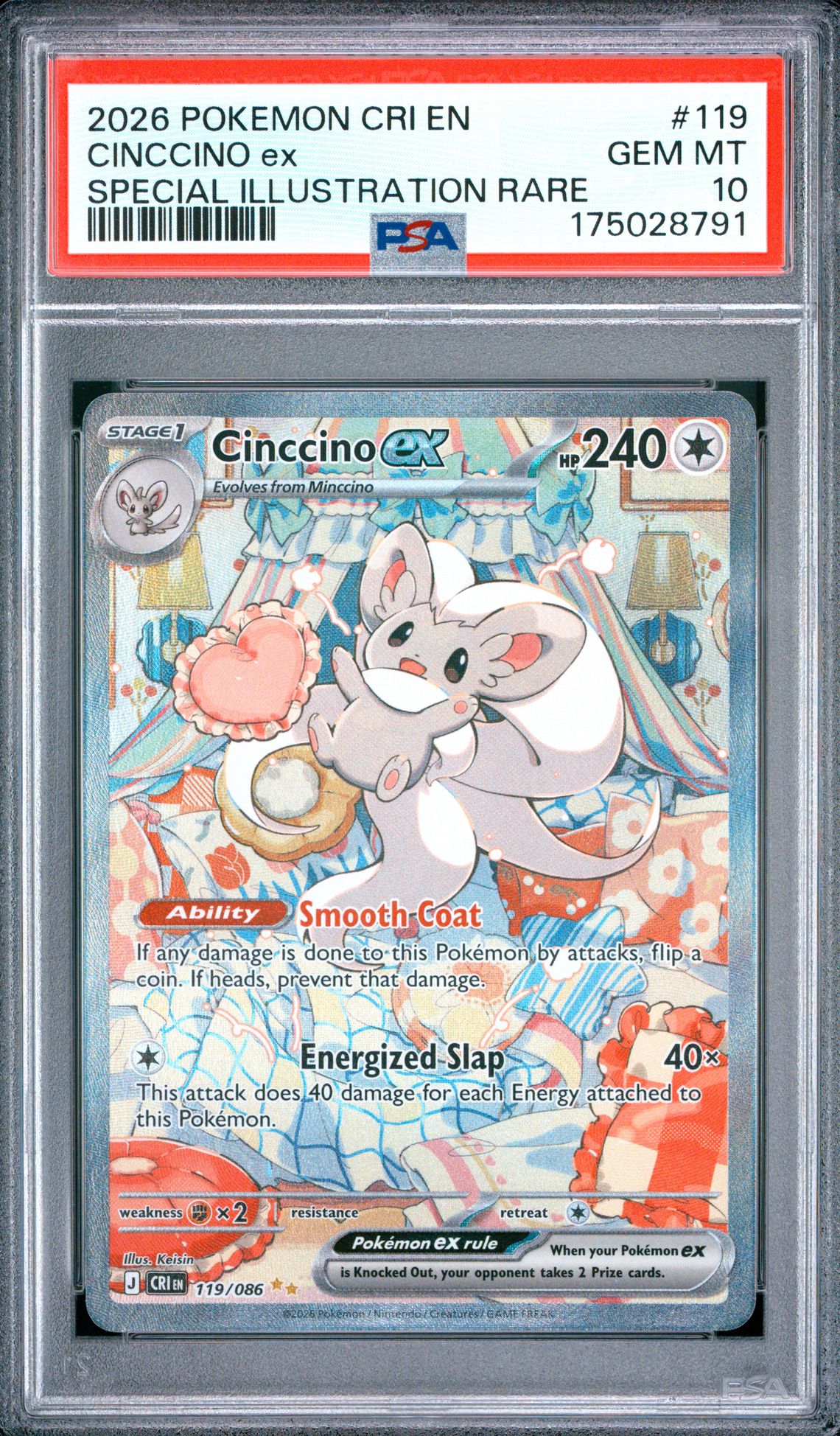 2026 Pokemon Cri En-Chaos Rising Cinccino Ex #119 (Special Illustration Rare) Gem Mt 10 front view - PSA graded GEM MT 10