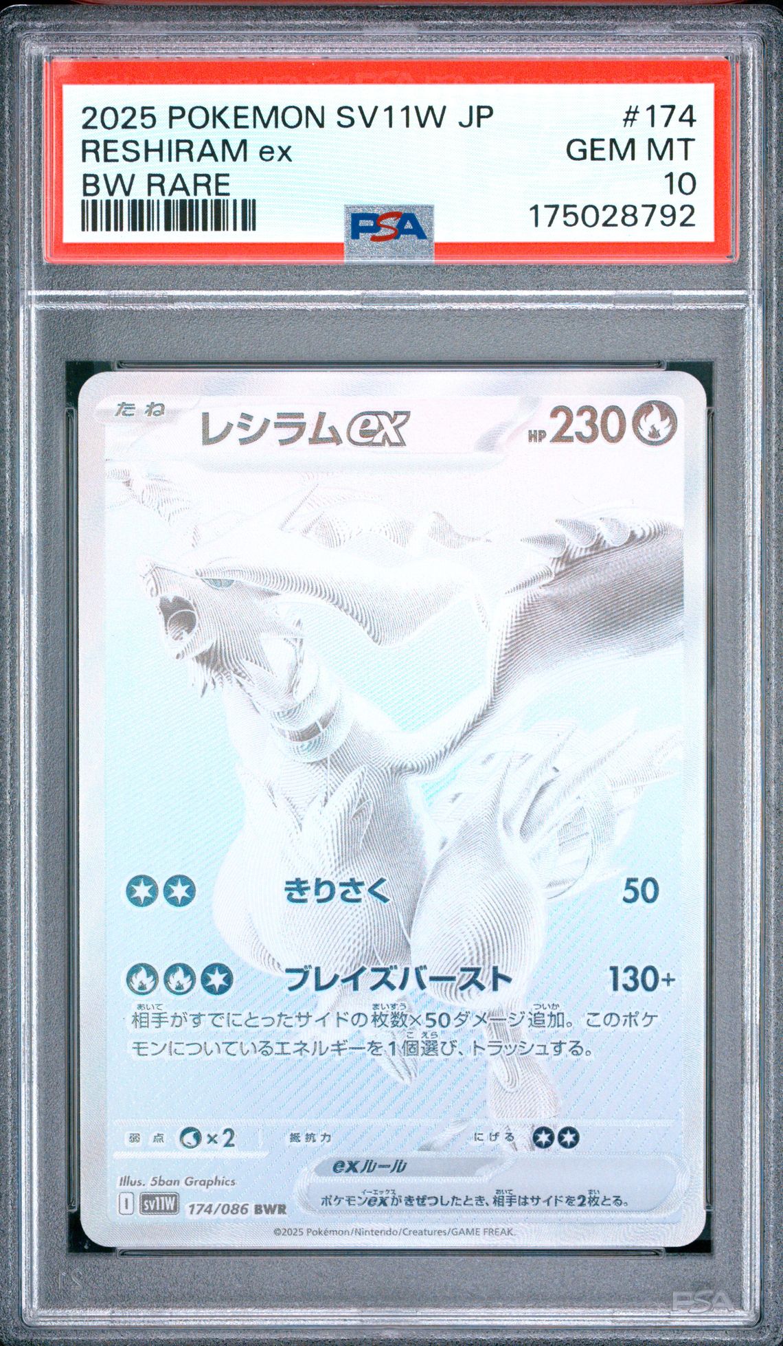 2025 Pokemon Japanese Sv11W-White Flare Reshiram Ex #174 (Bw Rare) Gem Mt 10 front view - PSA graded GEM MT 10