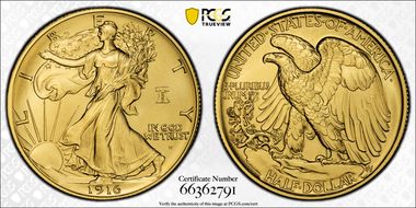"1916" W (2026) 50C Walking Liberty Au w/ Liberty Bell 250 Privy First Strike SP70
