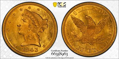 1843 $5 MS63+ 