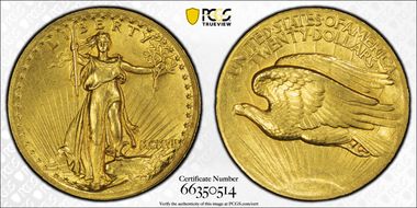 1907 $20 High Relief, Wire Edge AU58