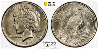 1921 $1 High Relief, Peace MS63