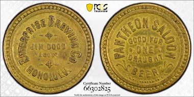 (1893) Token 2TS-21 Brass, Pantheon Saloon AU50