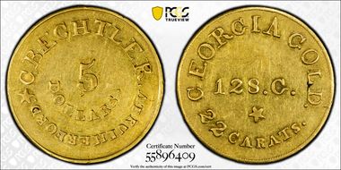(1837-42) $5 C. Bechtler, Georgia Gold Rutherford AU58